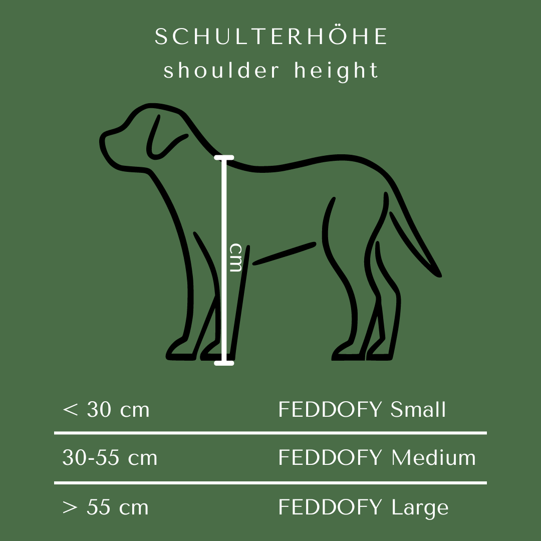 Feddofy Größenempfehlung nach Schulterhöhe: Small unter 30 cm, Medium 30 bis 55 cm, Large über 55 cm