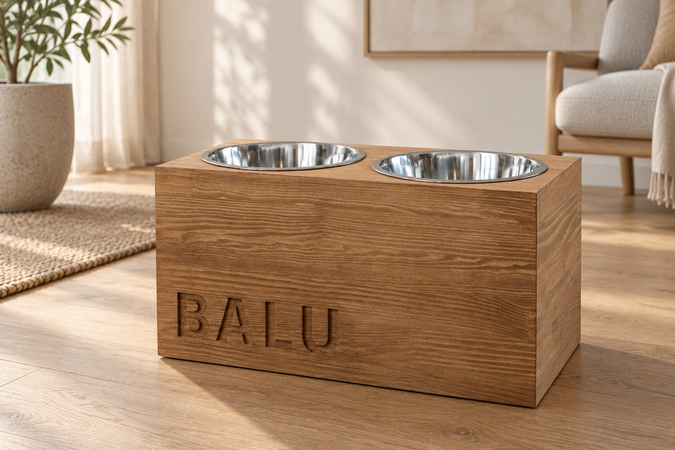 Feddofy Futterstation aus Holz mit Namensgravur BALU im hellen Wohnraum